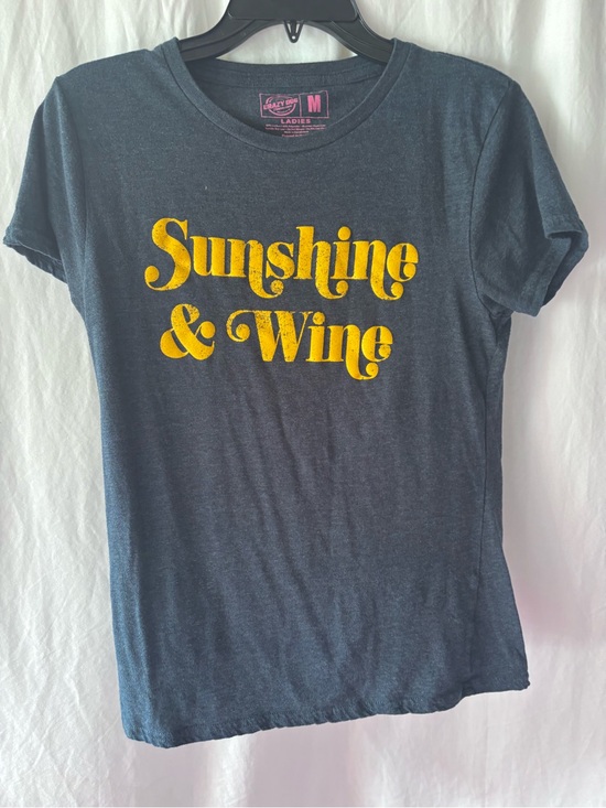 Crazy Dog T-Shirts Tops - Crazy Dog T-Shirts Navy Tee with Yellow "Sunshine & Wine" Graphic